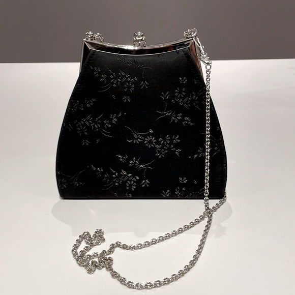 (2/$30) Black cocktail purse with black floral + silver tone chain strap/closure - Picture 2 of 6